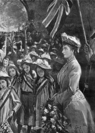Księżniczka Louise przegląda dwadzieścia tysięcy dzieci w Battersea Park, ilustracja z „Grafiki”, 19 lipca 1902 r. autorstwa Sydney Prior Hall