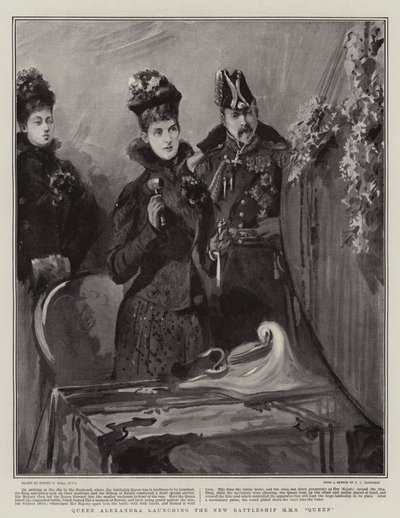 Królowa Aleksandra wypuszcza nowy pancernik H M S Queen autorstwa Sydney Prior Hall