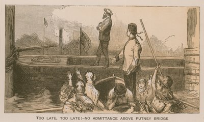 Reminiscencje z wyścigów łodzi Oxford i Cambridge: Za późno, za późno! Nie ma wstępu powyżej Putney Bridge autorstwa Sydney Prior Hall