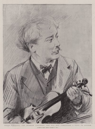Senor Sarasate, hiszpański skrzypek, który właśnie zakończył wizytę w Londynie. autorstwa Sydney Prior Hall