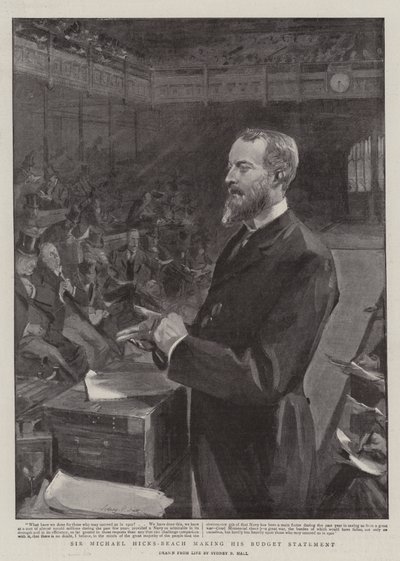 Sir Michael Hicks-Beach składa oświadczenie budżetowe autorstwa Sydney Prior Hall