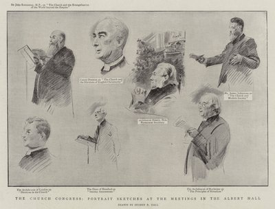 Kongres kościelny, Szkice portretowe na spotkaniach w Albert Hall litho autorstwa Sydney Prior Hall