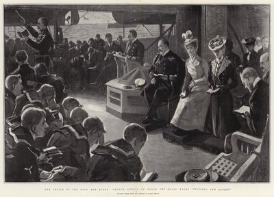 Rejs Króla i Królowej, nabożeństwo kościelne na pokładzie królewskiego jachtu Victoria and Albert autorstwa Sydney Prior Hall