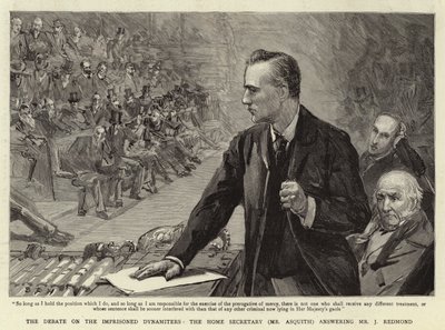 Debata na temat uwięzionych dynamitów, minister spraw wewnętrznych (pan Asquith) odpowiada panu J. Redmondowi autorstwa Sydney Prior Hall