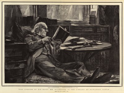 Wieczór jego dni, pan Gladstone w bibliotece w zamku Hawarden autorstwa Sydney Prior Hall