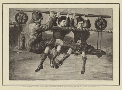 Pierwsza podróż, Prince Albert Victor i Prince George of Wales przekraczają Dee w kołysce w Abergeldie 1876 autorstwa Sydney Prior Hall