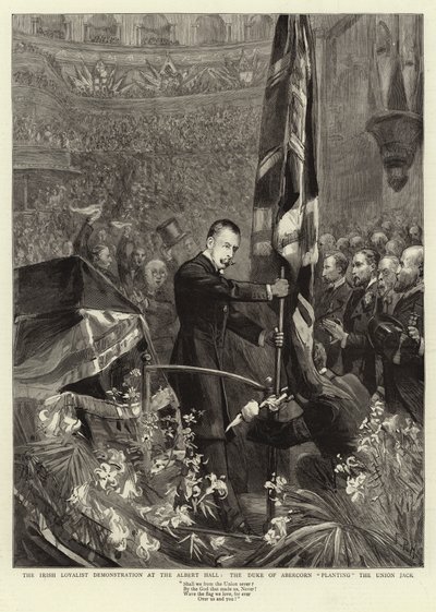 Irlandzka demonstracja lojalistów w Albert Hall, książę Abercorn podkładając Union Jack autorstwa Sydney Prior Hall