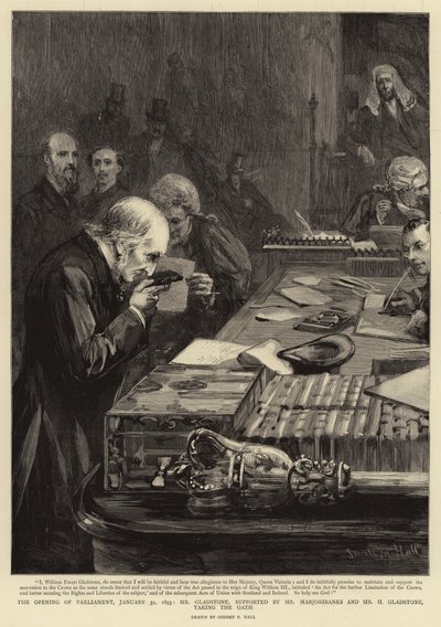 Otwarcie Parlamentu, 31 stycznia 1893 r., Gladstone, wspierany przez Marjoribanksa i H. Gladstone