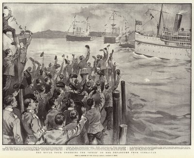 Królewska wycieczka, wiwatująca na Ophir podczas wypływania z Gibraltaru autorstwa Sydney Prior Hall