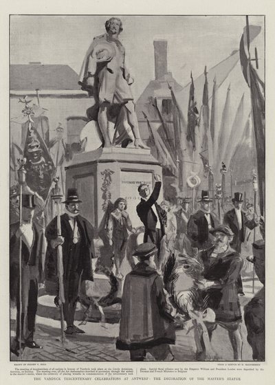 Vandyck Tercentenary Celebrations w Antwerpii, dekoracja posągu mistrza autorstwa Sydney Prior Hall