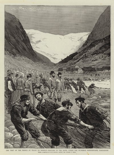 Wizyta księcia Walii w Norwegii, holowanie Sekwany pod Buarbrae, Sandvenvand, Hardanger autorstwa Sydney Prior Hall
