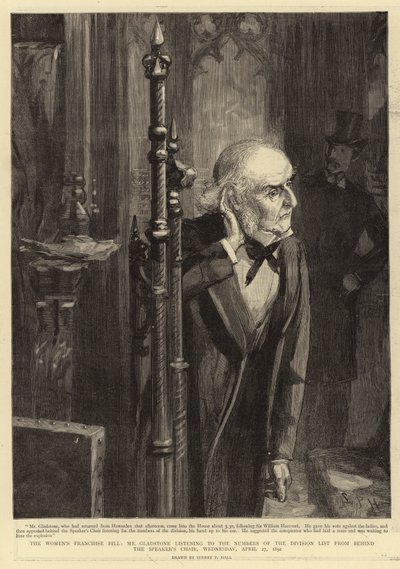 Ustawa o franczyzie kobiet, pan Gladstone słuchający listy numerów oddziałów zza fotela przewodniczącego, środa, 27 kwietnia 1892 r. autorstwa Sydney Prior Hall