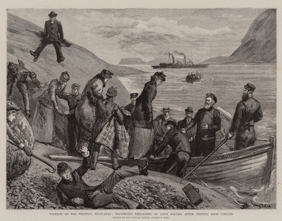 Turyści w Western Highlands, pasażerowie wsiadający do Loch Scavaig po wizycie w Loch Coruisk autorstwa Sydney Prior Hall