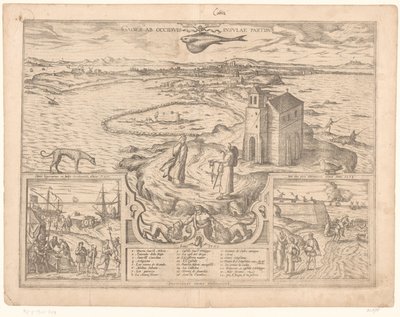 Widok na przylądek Kadyksu Gades ab occiduis insulae partibus (tytuł na obiekcie) autorstwa Symon Novelanus (possibly)