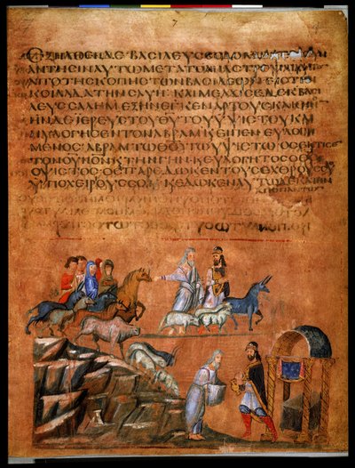 Cała strona: tekst i miniatura: Abraham i Bera z Sodomy (miniatura na pergaminie) autorstwa Syrian School