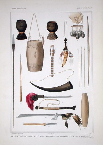 Broń i przedmioty rytualne z Timoru, z "Verhandelingen over de Natuurlijke Geschiedenis Nederlandsche Overzeesche Bezittingen", tom I, autorstwa Coenraada Jacoba Temmincka, rytowane przez Salomona Mullera, opublikowane 1839-44 (litografia kolorowa) autorstwa T.C. (after) Bruining
