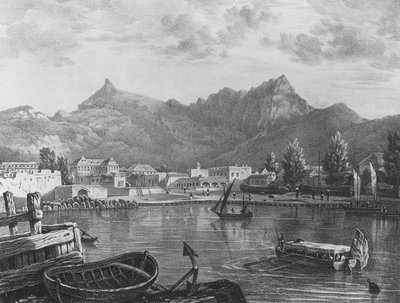 Port Louis, Mauritius, od wschodniej strony portu, ok. 1830 (litografia) autorstwa T. (after) Bradshaw