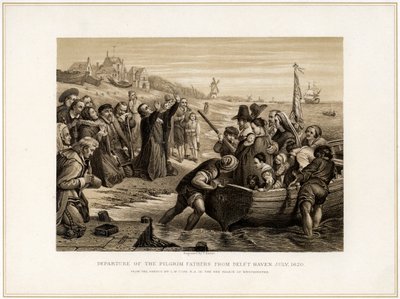 „Wyjazd Ojców Pielgrzymów z Delft Haven, lipiec 1620”, XIX w. autorstwa T Bauer
