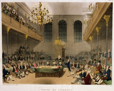 Wnętrze Izby Gmin, z „Mikrokosmosu Londynu” Ackermanna autorstwa T. and Pugin A.C. Rowlandson