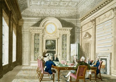 Pomieszczenie administracyjne brytyjskiego admirała. Kolorowa akwaforta opublikowana 1 stycznia autorstwa T. & Pugin A.C. (1762 1832) (after) Rowlandson