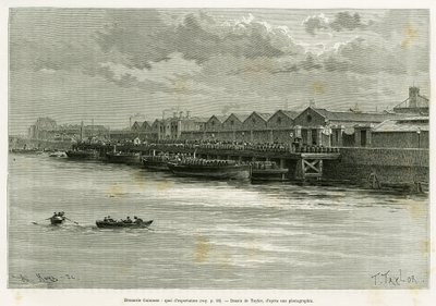 Browar Guinnessa, port eksportowy. Grawer Taylora, ilustrujący historię Trzy miesiące w Irlandii, w 1889, autorstwa Marie Anne de Bovet, in le tour du monde 1890, w reżyserii Edouarda Chartona (1807-1890), Hachette, Paryż. autorstwa T Taylor