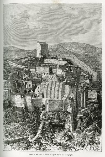 Klasztor Mar-Saba (Mar Saba) (Palestyna). Rycina Taylora, ilustrująca historię dzisiejszej Syrii, autorstwa M. Lorteta, dziekana Wydziału Lekarskiego w Lyonie, któremu Ministerstwo Edukacji Publicznej powierza misję naukową, opublikowana w Tou autorstwa T Taylor