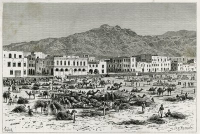 Marsz Adenu (Jemen). Rycina Taylora, ilustrująca historię „Podróż do Benadiru, Somalii i Bajoun””, w latach 1882-1883, autorstwa M.G.Revoil. Opublikowano w Le Tour du monde, nouveau journal des voyages autorstwa T Taylor