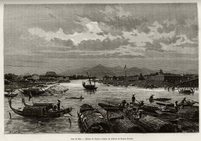 Widok Hue (Wietnam), z opisem nawigacji po rzece Song Huong i pagodzie Thien Mu, za murami obwodowymi. Grawerowanie autorstwa Taylora, aby zilustrować historię „Trente mois au Tonkin” autorstwa dr. Charlesa Edouarda Hocquarda (1853-1911), w 1885 r., w autorstwa T Taylor