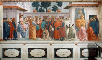 Wskrzeszenie syna Teofila, króla Antiochii i św. Piotra na tronie pierwszego biskupa Antiochii, ok. 1427 i ok. 1480 (fresk) autorstwa T. Masaccio, F. Lippi