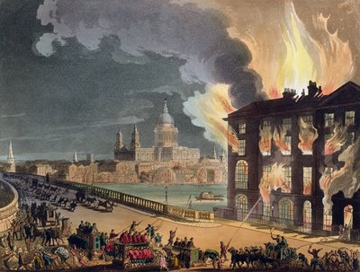 Pożar w Albion Mill, Blackfriars Bridge, z „Mikrokosmosu Londynu” Ackermanna c.1808-11 (akwatinta) autorstwa T. and Pugin A.C. Rowlandson