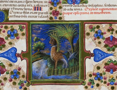 Fryz brzegowy u dołu strony z potwornym zwierzęciem w krajobrazie, tom II, f 207, v, Biblia Borso d