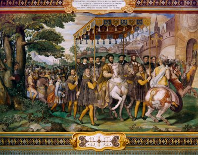 Franciszek I witający Karola V i kardynała Alessio Farnese w Paryżu, Taddeo Zuccari (1529-1566), Palazzo Farnese, Caprarola, Włochy autorstwa Taddeo Zuccari