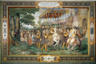 Król Franciszek I przyjmuje Karola V i kardynała Alessandro Farnese w Paryżu 1540 r. 1559 r. autorstwa Taddeo Zuccari