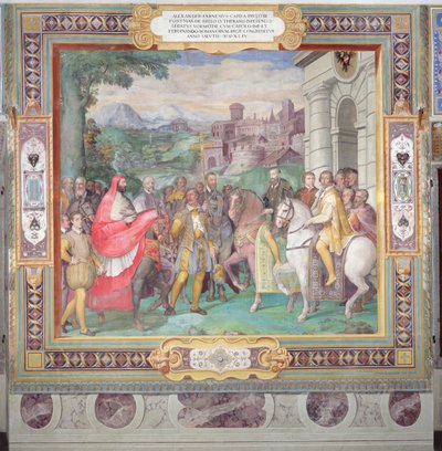 Karol V (1500-58) z Alessandro Farnese (1546-92) w Wormacji, z „Sala dei Fasti Farnese” (Sala Splendorów Farnese) 1557-66 (patrz także 156715) autorstwa Taddeo Zuccari