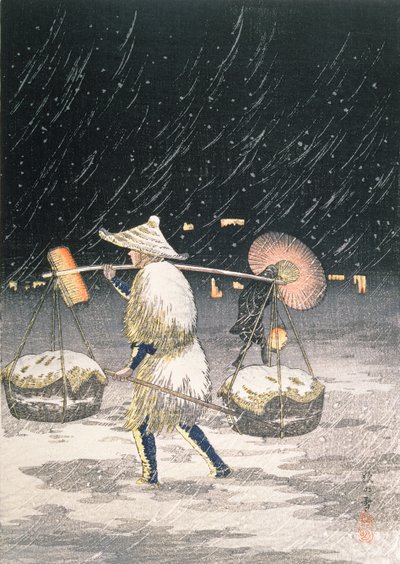 Nocny śnieg, ok. 1930 (kolorowy drzeworyt) autorstwa Takahashi Hiroaki