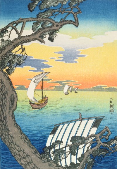 Powracające łodzie, ok. 1930 (kolorowa odbitka drzeworytnicza) autorstwa Takahashi Hiroaki