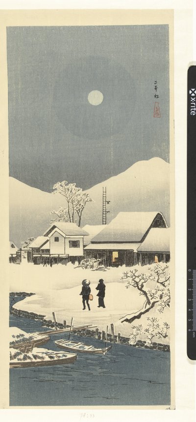 Śnieżny krajobraz w świetle księżyca Nihonmatsu (tytuł na obiekcie) autorstwa Takahashi Hiroaki