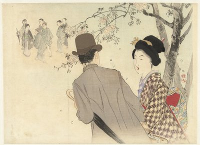 Mężczyzna w meloniku, parasol i dama w kimonie autorstwa Takeuchi Keishū
