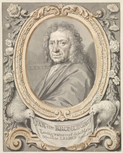 Portret Johannesa (Jana) van Bronkhorsta w ramce z kwiatami i dwoma ptakami autorstwa Tako Hajo Jelgersma