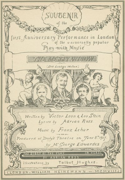 Strona tytułowa Souvenir z pierwszego jubileuszowego występu The Merry Widow w Londynie (kolor lito) autorstwa Talbot Hughes