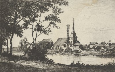 Miasto z kościołem za rzeką, XIX w. autorstwa Tancrède Abraham