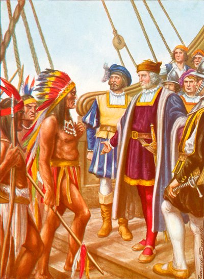 Kolumb odbierający na pokładzie Santa Maria the Cacicco Guacanagari, wódz tubylców autorstwa Tancredi Scarpelli