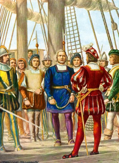 Krzysztof Kolumb i jego bracia Bartolomeo i Diego zostają uwięzieni na statku, który zabierze ich do Hiszpanii autorstwa Tancredi Scarpelli