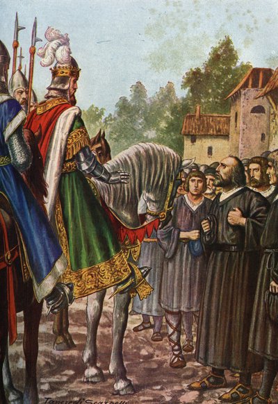 Cesarz Fryderyk I Barberossa (1122-1190) podczas swojej drugiej podróży do Włoch w 1158 mija rzekę Addę i spotyka mieszkańców Lodi, którzy błagają go o odzyskanie ich terytorium. Tancredi Scarpelli (1866-1937) z „Storia d