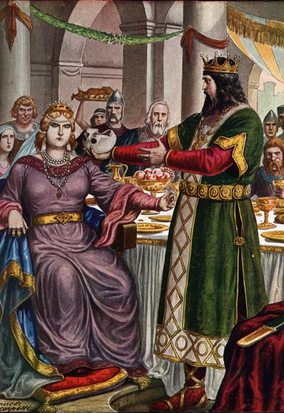 Lombardzki król Alboin (około 526-572) zmusza swoją żonę, gepid księżniczkę Rosemonde (zm. 572) do picia z kielicha utworzonego przez czaszkę ojca Cunimonda na bankiecie w Weronie we Włoszech (Rosamunda (lub Rosamunde) i jej mąż Alboin, król Longobardów, k autorstwa Tancredi Scarpelli