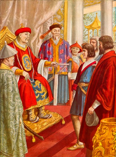 Marco Polo młodszy przedstawiony Kublai Khan autorstwa Tancredi Scarpelli