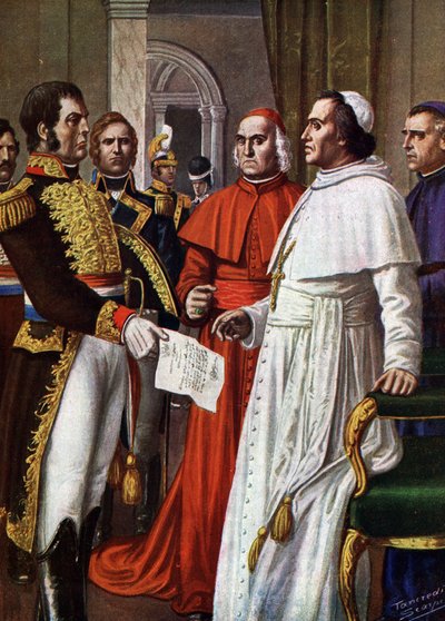 Papież Pius VII, więzień zamku w Fontainebleau, zgodził się podpisać 25 stycznia 1813 r. konkordat z Fontainebleau (1813), na mocy którego zrzekł się swojej doczesnej suwerenności, będącej częścią jego władzy duchowej (papież Pius VII zamknięty we Francji) autorstwa Tancredi Scarpelli