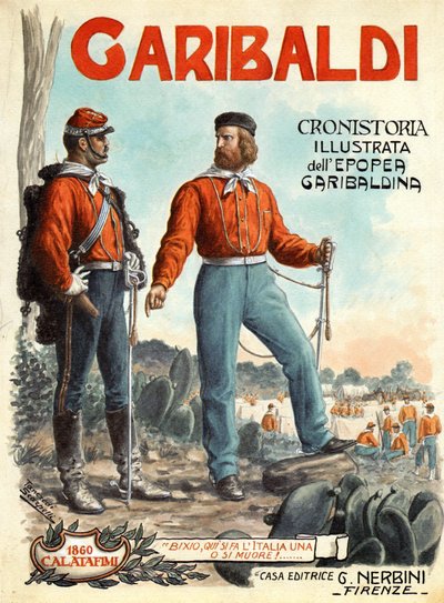 Portret Giuseppe Garibaldiego (1807-1882), bohatera zjednoczenia Włoch (Risorgimento). Okładka "Garibaldi, Cronistoria illustrata dell