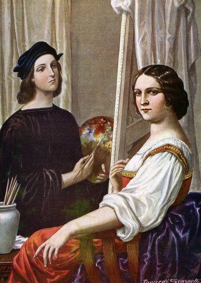 Portret malarza Rafaela (Raffaello Sanzio 1483 - 1520) malującego Fornarinę (włoski malarz Rafael i młoda dama Fornarina) Ilustracja Tancredi Scarpelli (1866-1937) ze „Storia d
