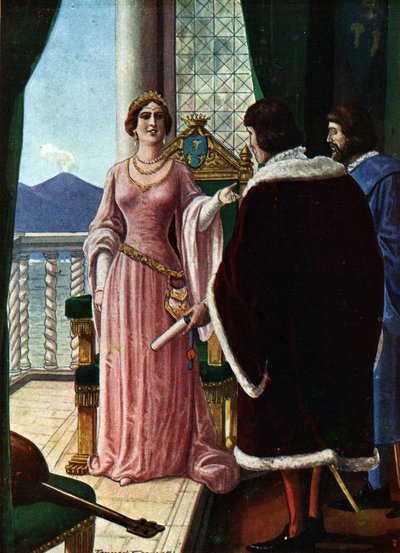 Królowa Neapolu Joanna II (Giovanna di Napoli lub Anjou Durazzo) (1373-1435) wyznacza swojego przybranego syna Ludwika III Anjou (1403-1434) Ilustracja Tancredi Scarpelli (1866-1937) z „” Sto autorstwa Tancredi Scarpelli
